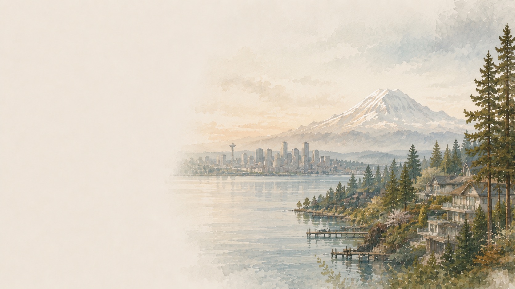 Watercolor of the Seattle skyline with Mt. Rainier and Lake Washington