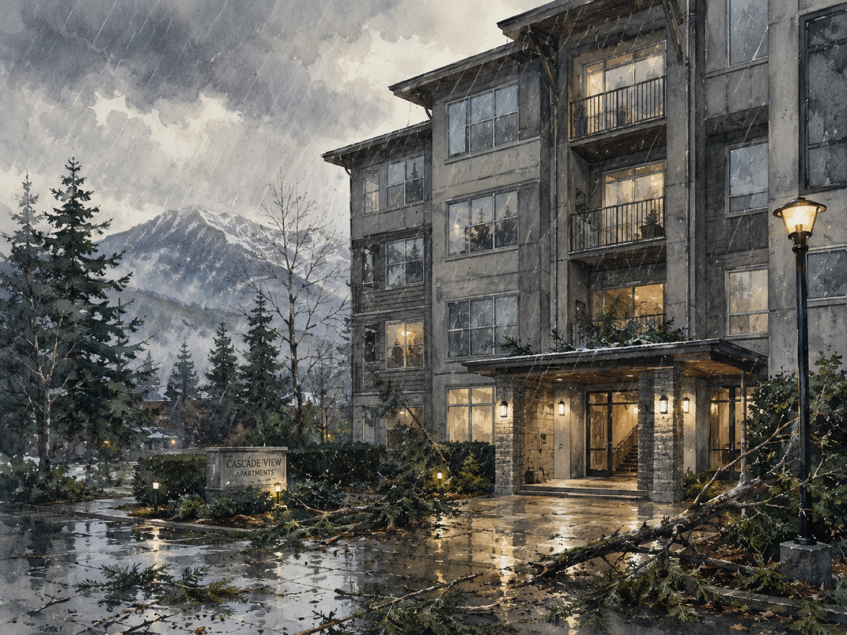 Apartment building in a Pacific Northwest winter storm — wet courtyard, fallen branches
