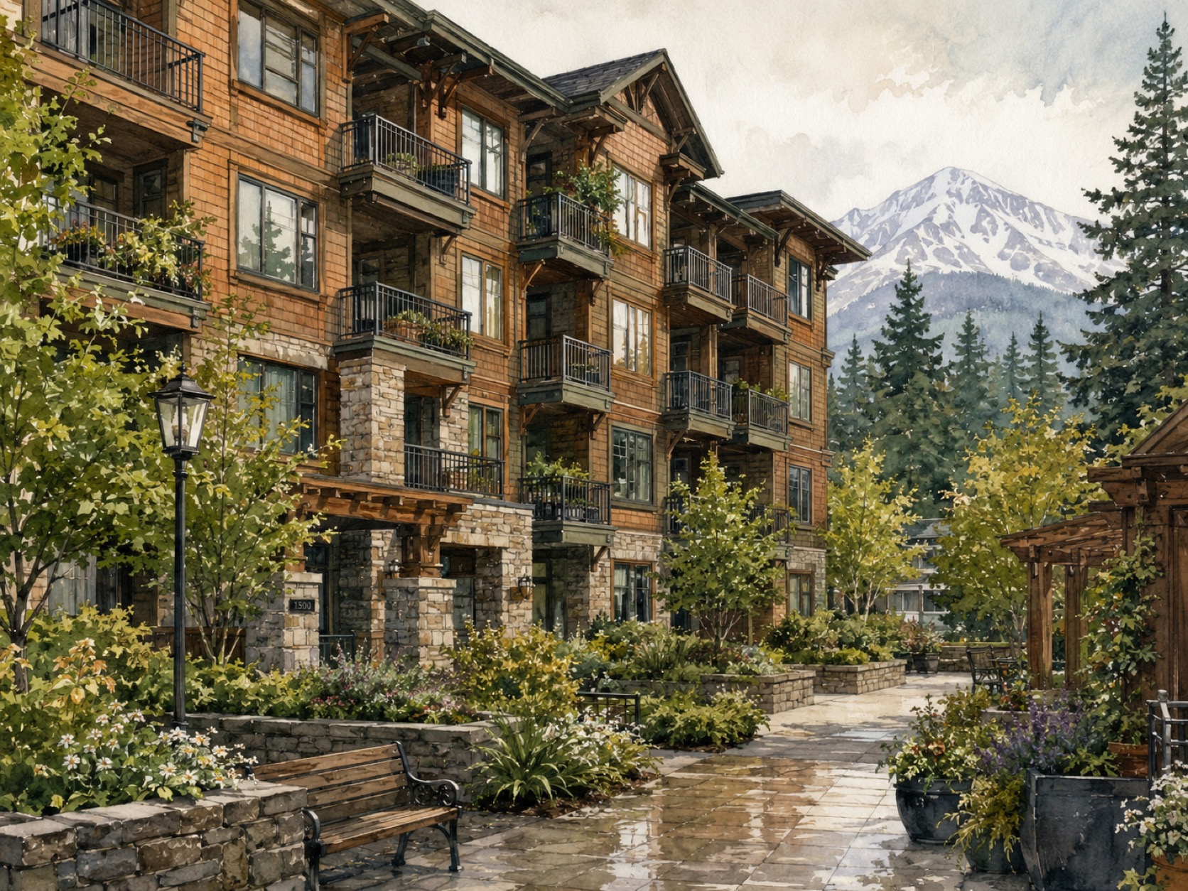 Storm-damaged condo association courtyard โ wet pavers, fallen branches