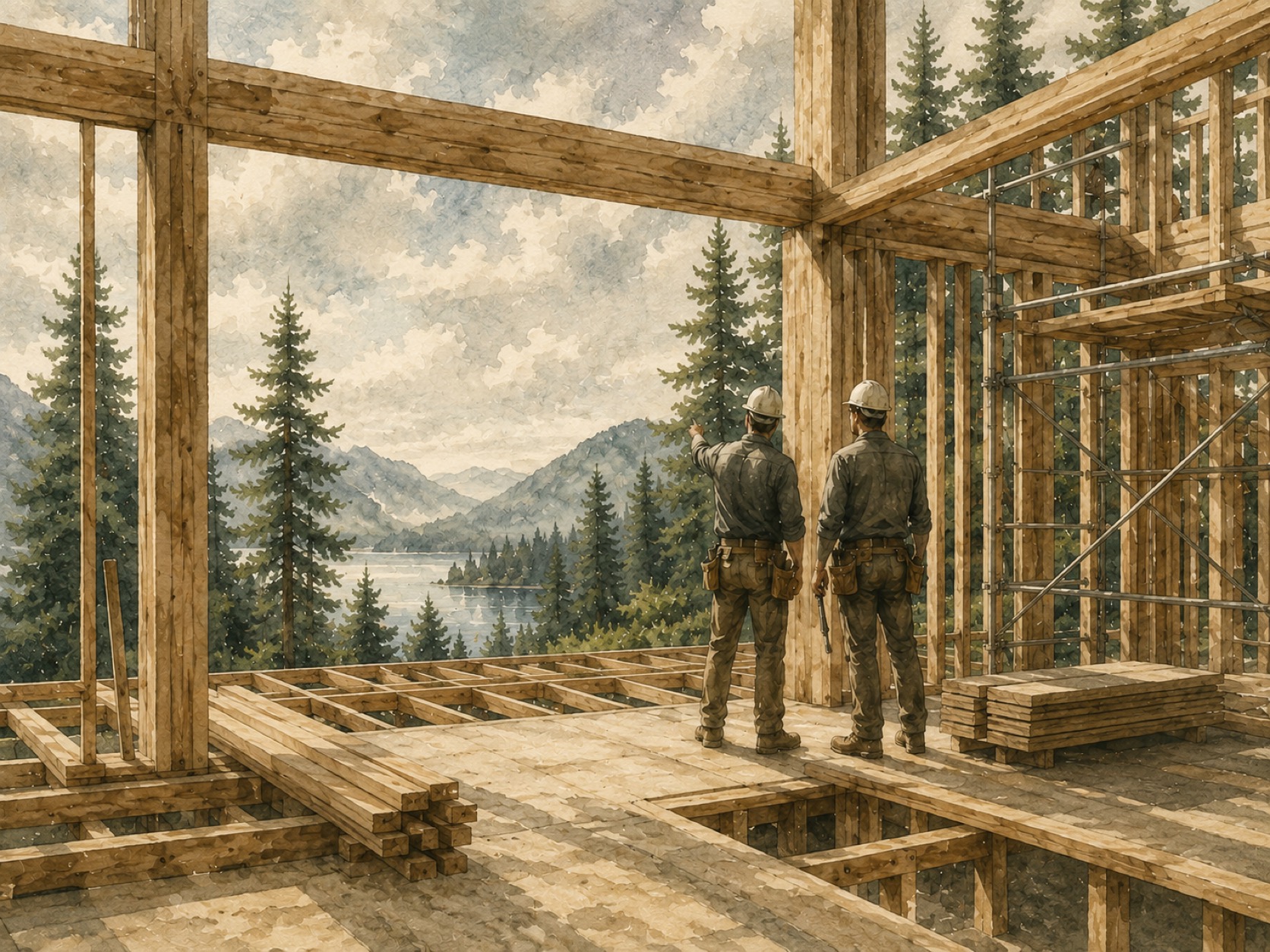 Construction crew framing a Pacific Northwest home