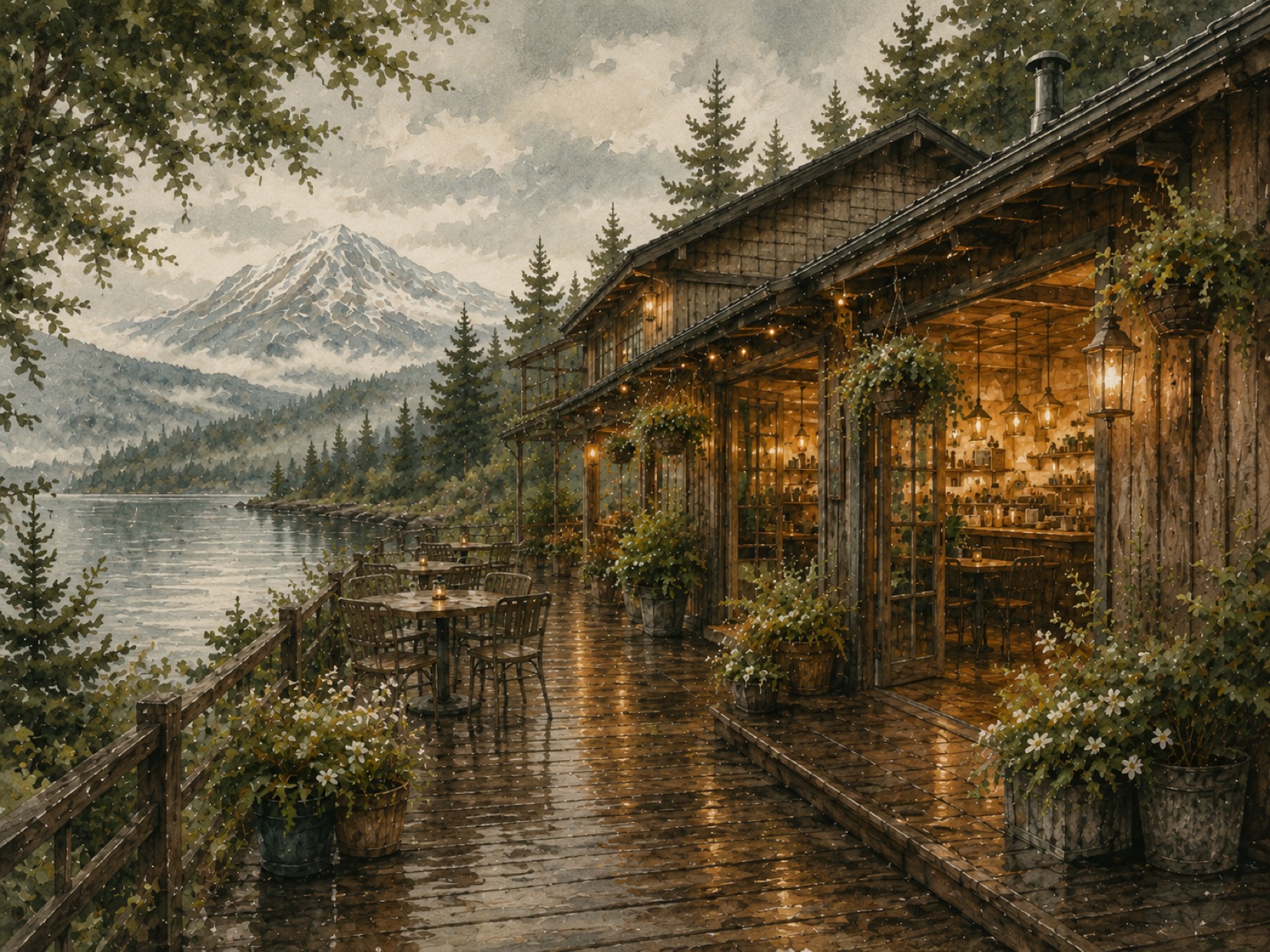 Pacific Northwest restaurant exterior on the lake at dusk